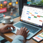 Digital nomad working on laptop in Bangkok cafe balancing side hustles and travel