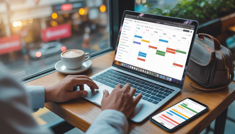 Digital nomad working on laptop in Bangkok cafe balancing side hustles and travel