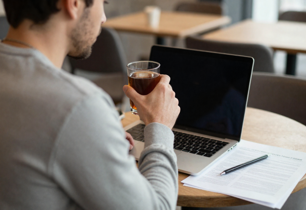 Introvert working peacefully on laptop in quiet cafe - side hustles for introverts who love travel