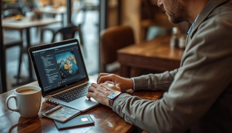 Best credit cards for digital nomads laid out on cafe table with laptop and passport