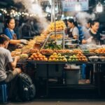 Traveler eating at cheap street food stall in budget friendly destinations Southeast Asia