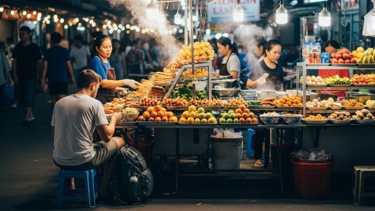 Traveler eating at cheap street food stall in budget friendly destinations Southeast Asia