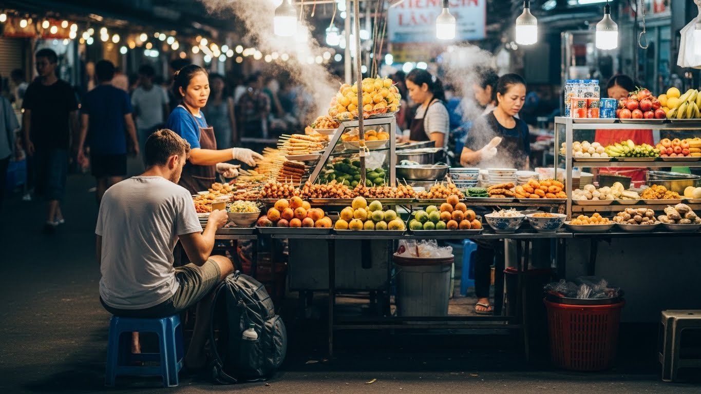 Traveler eating at cheap street food stall in budget friendly destinations Southeast Asia
