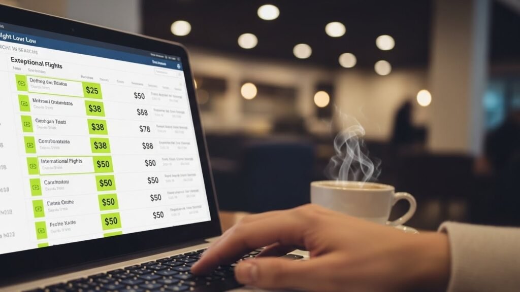 Traveler searching for cheap flights online using flight comparison tools and strategies