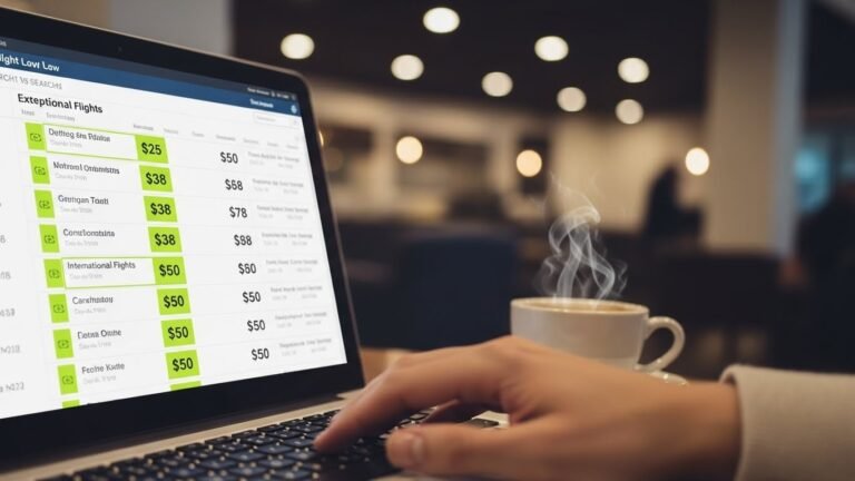 Traveler searching for cheap flights online using flight comparison tools and strategies