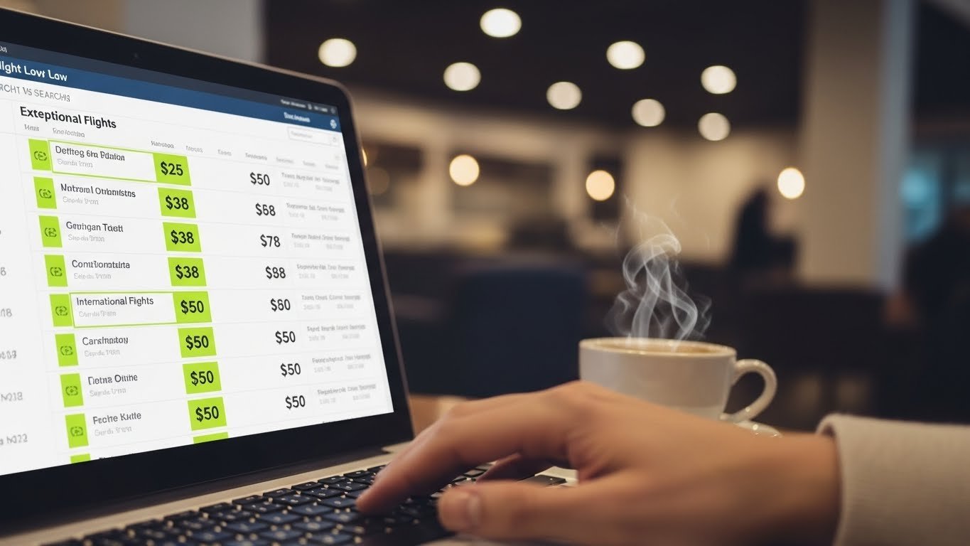 Traveler searching for cheap flights online using flight comparison tools and strategies