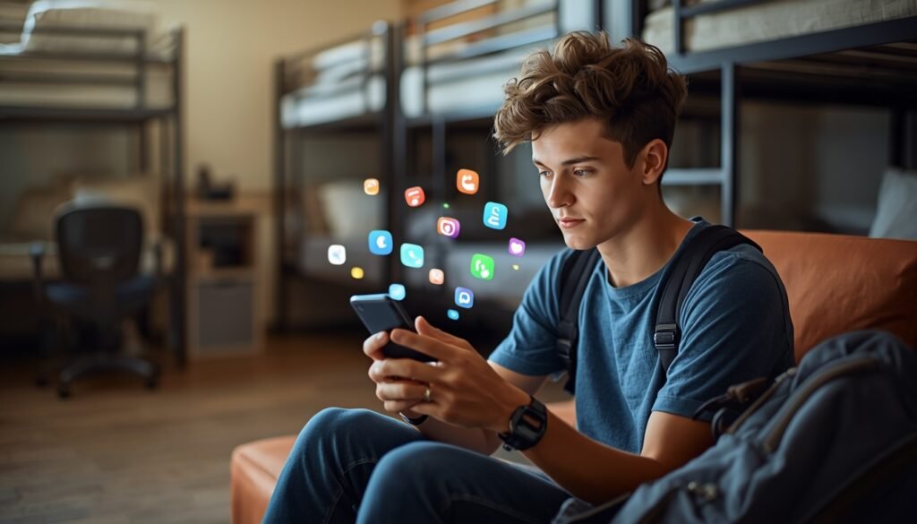 Budget traveler using best travel apps to save money while planning trip on smartphone