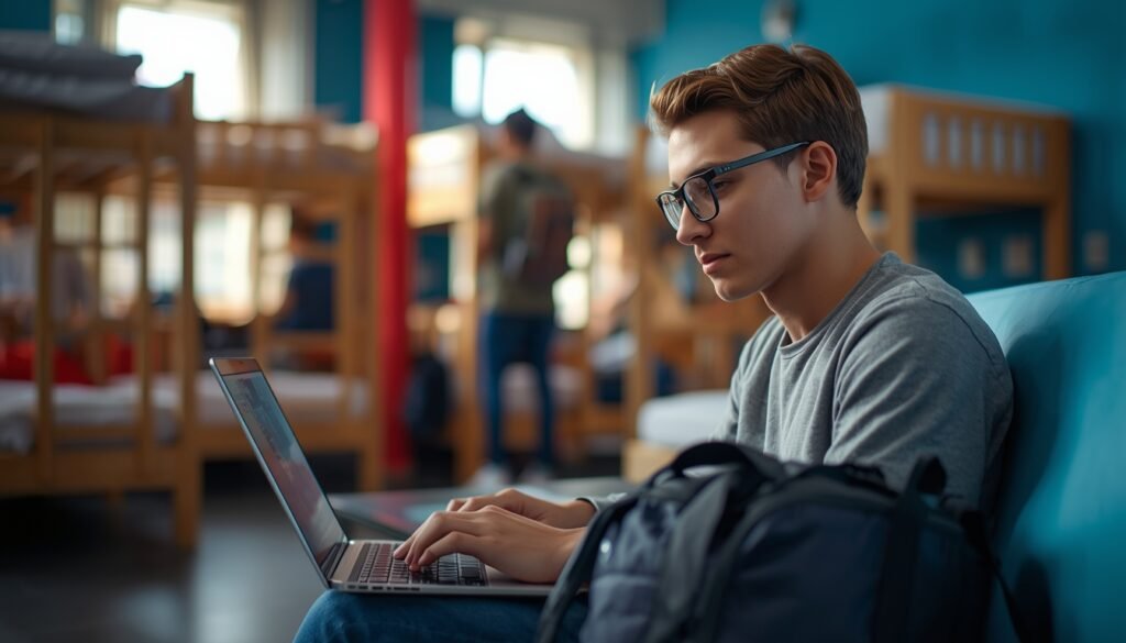 Digital nomad earning money while traveling from hostel working on laptop