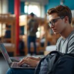 Digital nomad earning money while traveling from hostel working on laptop