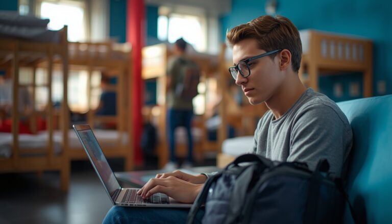 Digital nomad earning money while traveling from hostel working on laptop