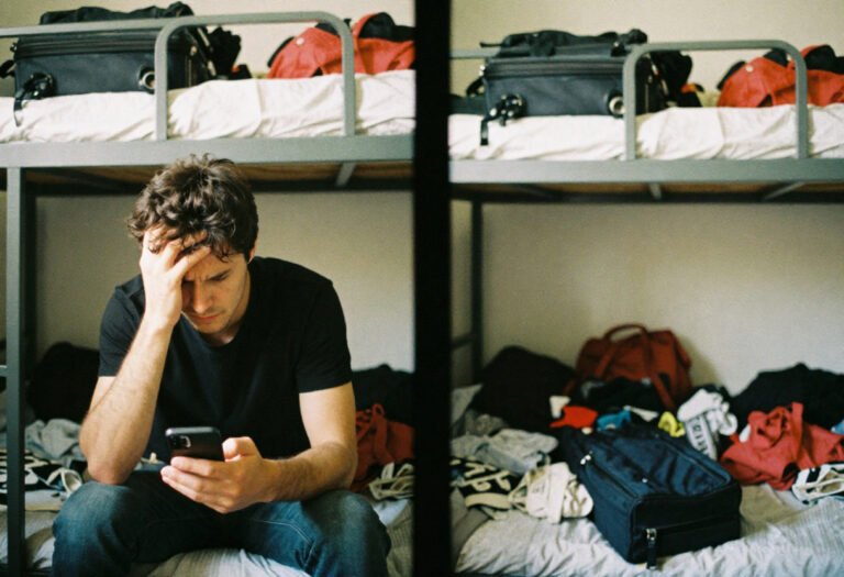 Traveler managing finances on smartphone using budgeting app while traveling abroad