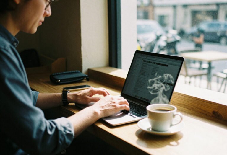 Remote Work Travel digital nomad working remotely from café in Chiang Mai Thailand