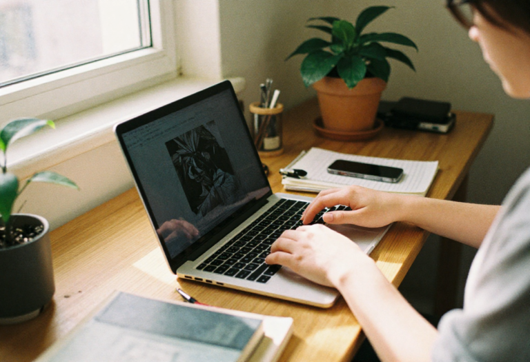 Shy person working peacefully alone on laptop - quiet side hustles for shy people