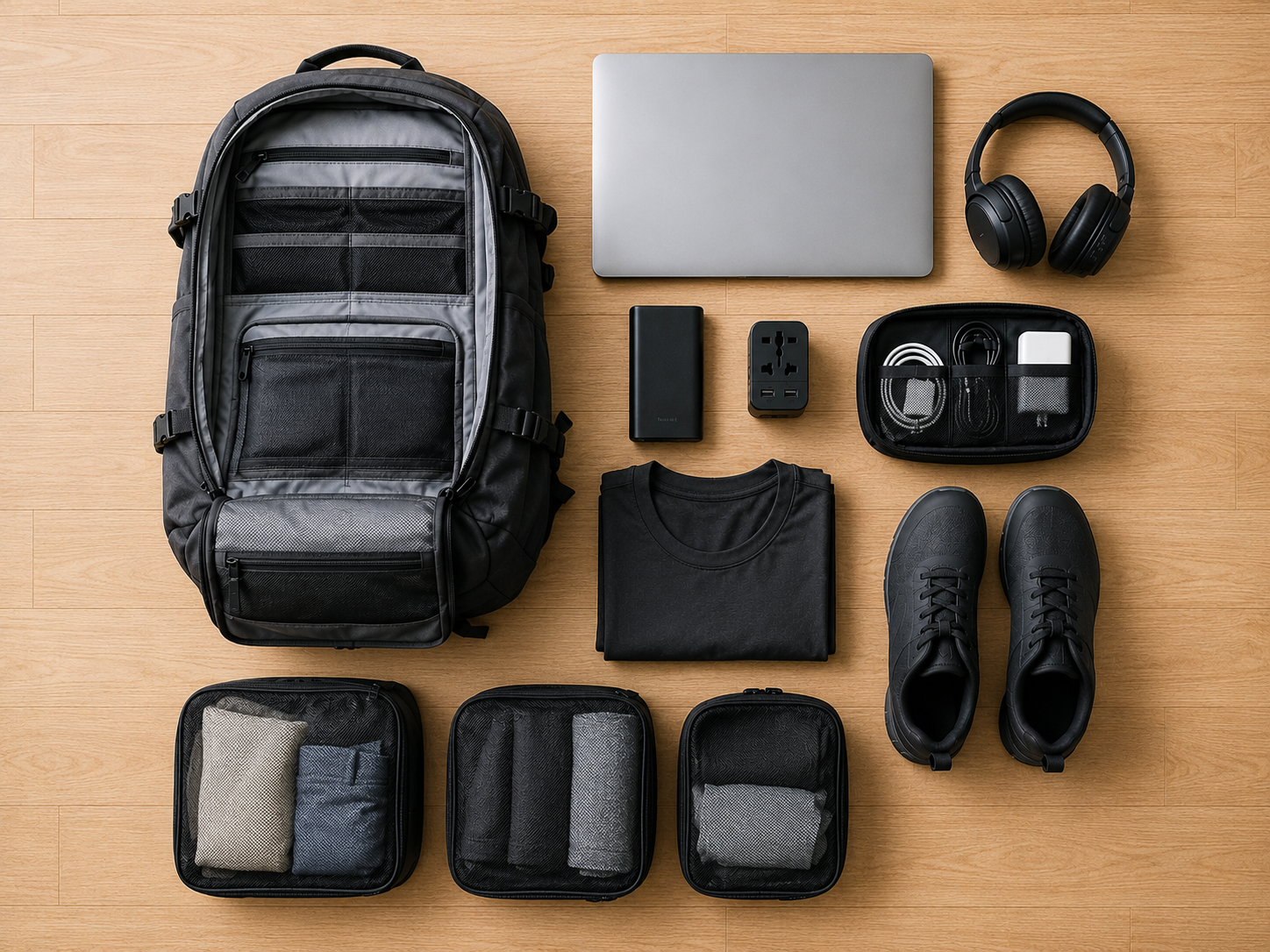 digital nomad starter pack gear flatlay with backpack laptop headphones power bank and minimalist clothing on wooden floor