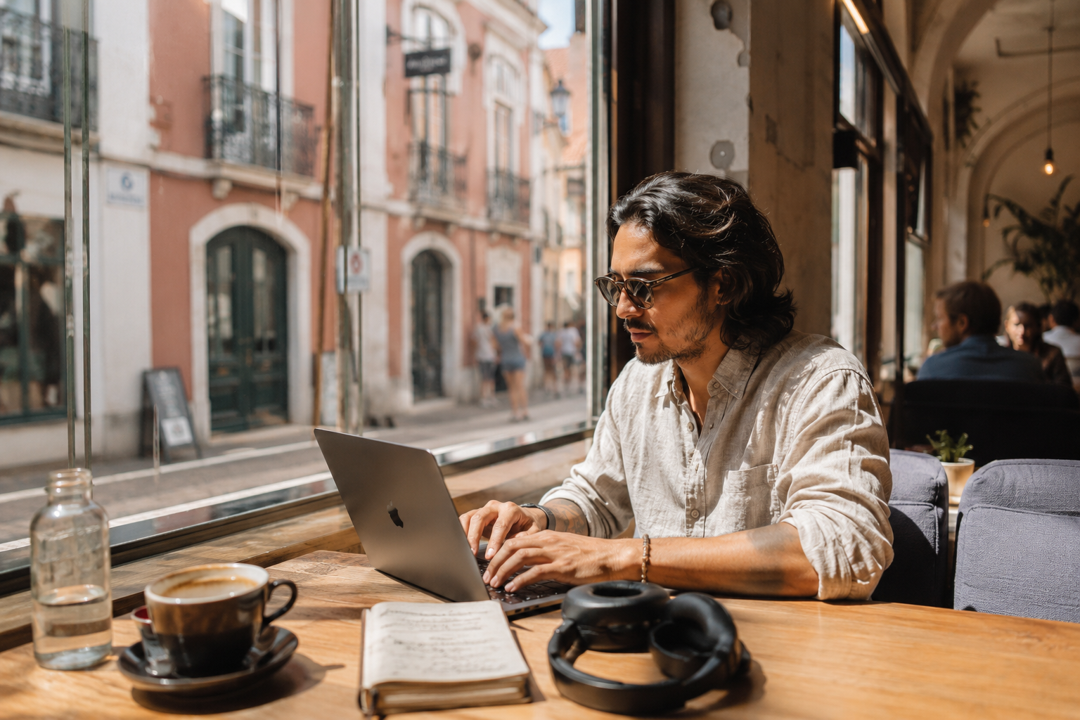 how to become a digital nomad working on laptop at a sunlit cafe in Lisbon Portugal with cobblestone street